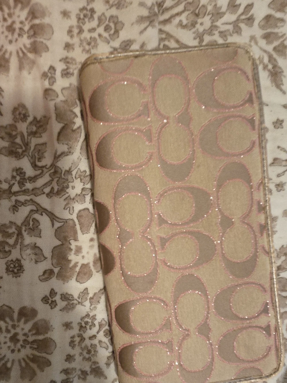 Vintage Coach Beige Wallet with Pink Glitter Signature Trim